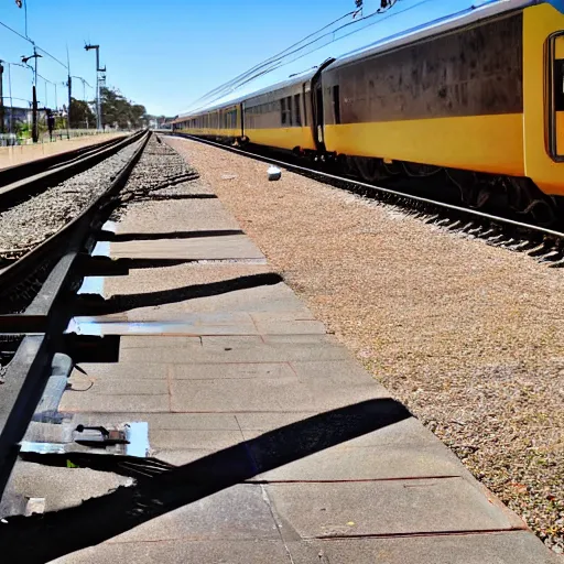 Prompt: jesus waiting for a train at peterborough in south australia