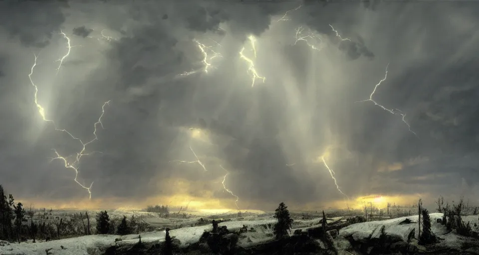 Image similar to heaven!! angels!! god rays, snowy, windy, by eugene von guerard, ivan shishkin, night, lightning!!, storm!, dramatic lighting, concept art, trending on artstation, 8 k