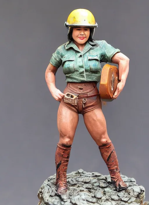 Prompt: 80mm resin detailed miniature of a very Muscular miner woman, shirts, helmet, stomach, navel, boots, Logo, textured base; Product Introduction Photos, 4K, view from front