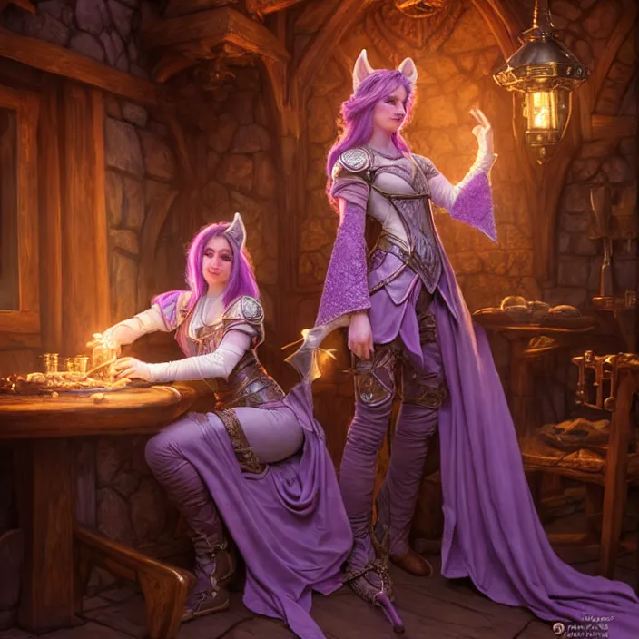 Image similar to d & d bard with her lilac leather armor in an inn, volumetric lighting, fantasy, intricate, elegant, highly detailed, lifelike, photorealistic, digital painting, artstation, fox ears illustration, concept art, sharp focus, by john collier and albert aublet and krenz cushart and artem demura and alphonse mucha