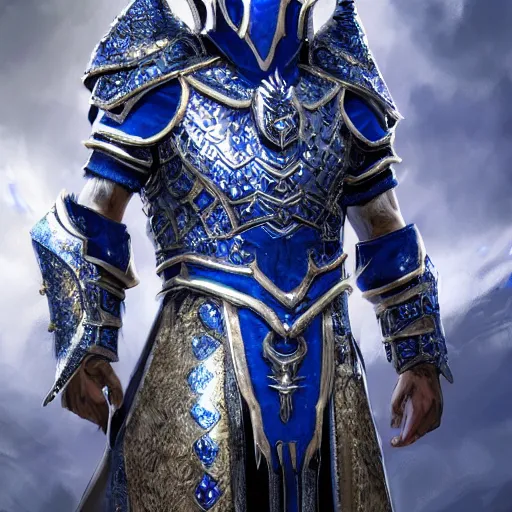 Image similar to concept art, full body portrait of king sorcerers, ornate, Blue and silver, armor, robes, Hyperrealistic, 4K, Unreal Engine, Highly Detailed, Dramatic Lighting, Beautiful