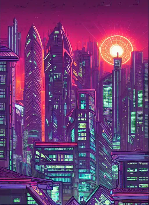 Image similar to a futuristic city at night by Dan Mumford