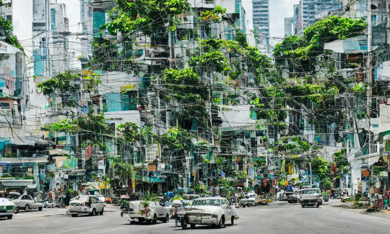 Prompt: Street scene of a utopian futuristic Manila with green plants and organic white buildings and Filipino architecture