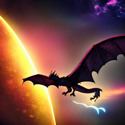 Image similar to dragon flying in space, glowing galaxy in the background, cinematic, detailed, clean, realistic