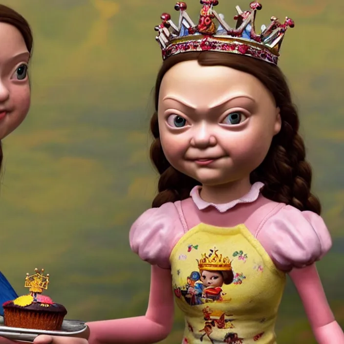 Image similar to highly detailed closeup, face profile portrait of greta thunberg as a tin toy fairytale princess wearing a crown eating cakes, bikini, unreal engine, nicoletta ceccoli, mark ryden, earl norem, lostfish, global illumination, detailed and intricate environment