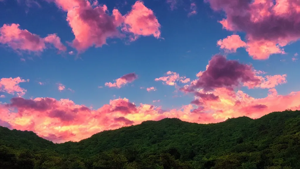 Prompt: Beautiful green lush mountains under the anime pink clouds backlit by the sun