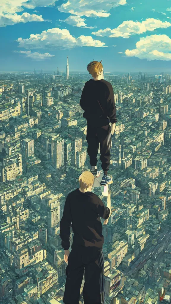 Image similar to Sad gopnik boy in black adidas looking atop of a urban plateau filled with soviet apartment buildings, golden hour, dreamy, beautiful clouds, beautiful lighting, wallpaper, cityscape, beautiful artwork by Makoto Shinkai