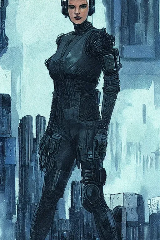 Prompt: selina kyle. blackops mercenary in near future tactical gear, stealth suit, and cyberpunk headset. Blade Runner 2049. concept art by James Gurney and Mœbius.