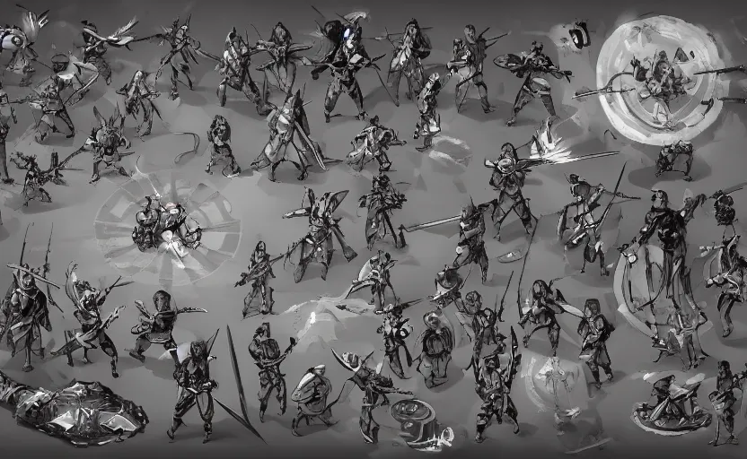 Prompt: A battle scene with swords and shields, concept art, fantasy, game design
