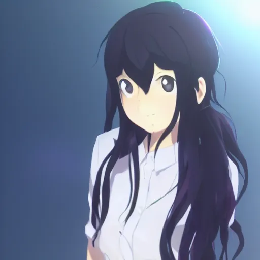 Prompt: a girl in her 2 0 s with wavy black hair by makoto shinkai and tomoyuki yamasaki, madhouse, trending on pixiv