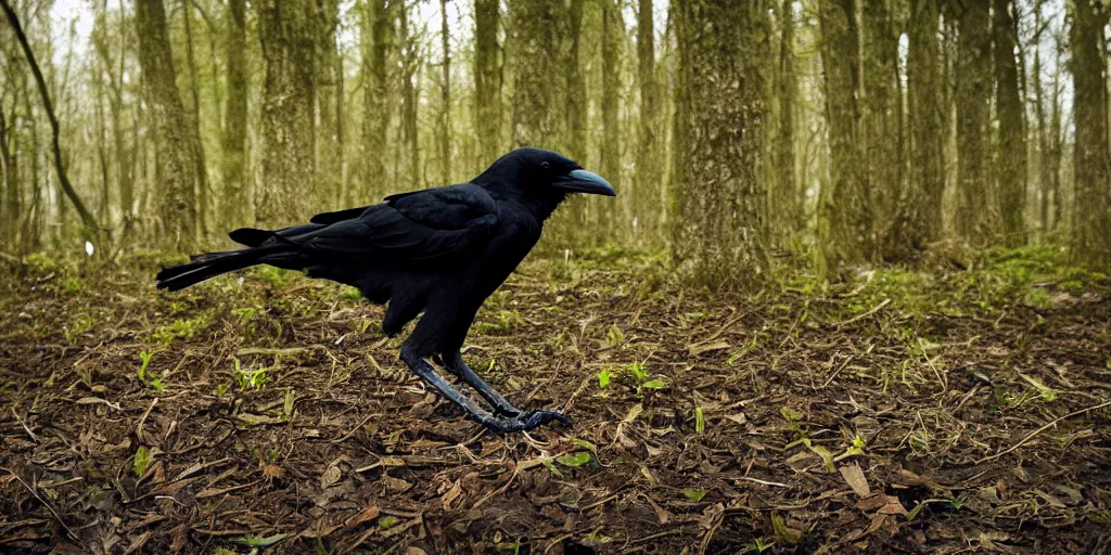 Image similar to mixture between a human and! crow, photograph captured in a forest