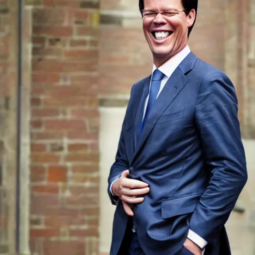 Image similar to closeup portrait of mark rutte dutch prime minister laughing, photography