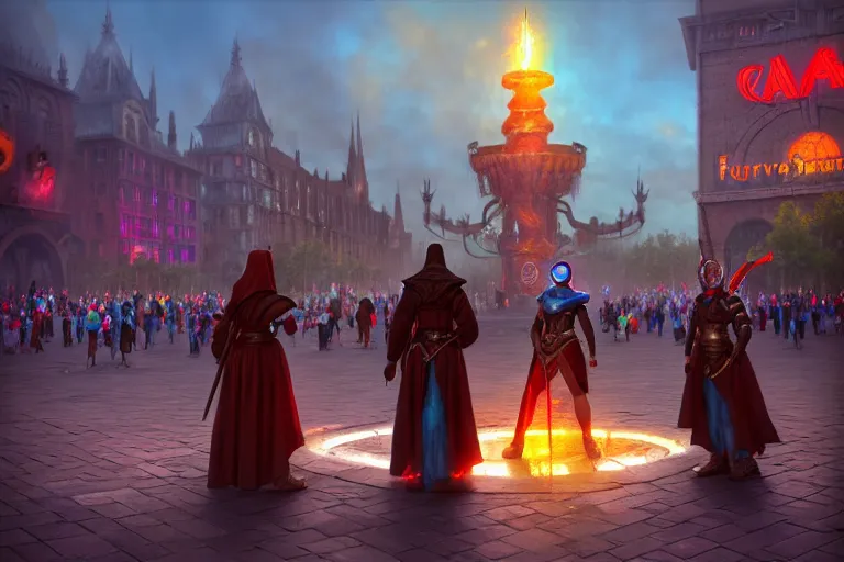 Prompt: mage, assassin and warrior stand in the middle of the square in front of the fountain, day, carnival on the background, by marc simonetti, tyler edlin, deviantart, ray tracing, octane render, digital art, realistic, high quality, 8 k