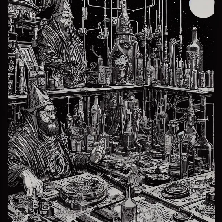 Image similar to ancient alchemist wizards laboratory, high details, lineart, by vincent di fate, inking, 3 color screen print, masterpiece, trending on artstation, etching, sharp, high contrast, hyper - detailed, hd, 4 k, 8 k