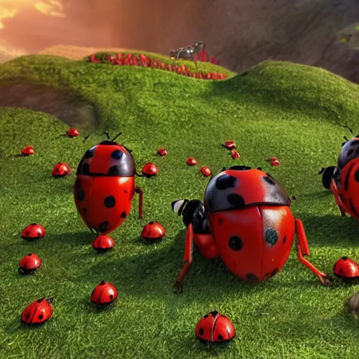 Image similar to promotional movie still, ladybugs, ladybug hybrids, ladybug hobbits, ladybug robots, space western, the fellowship of the ring ( film ), 3 d render