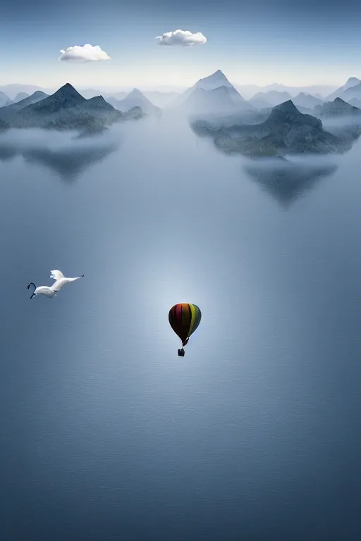 Prompt: Photorealistic two swans forming a Hot Air Balloon, flying above a mountain lake, 8k highly professionally detailed, HDR, CGsociety