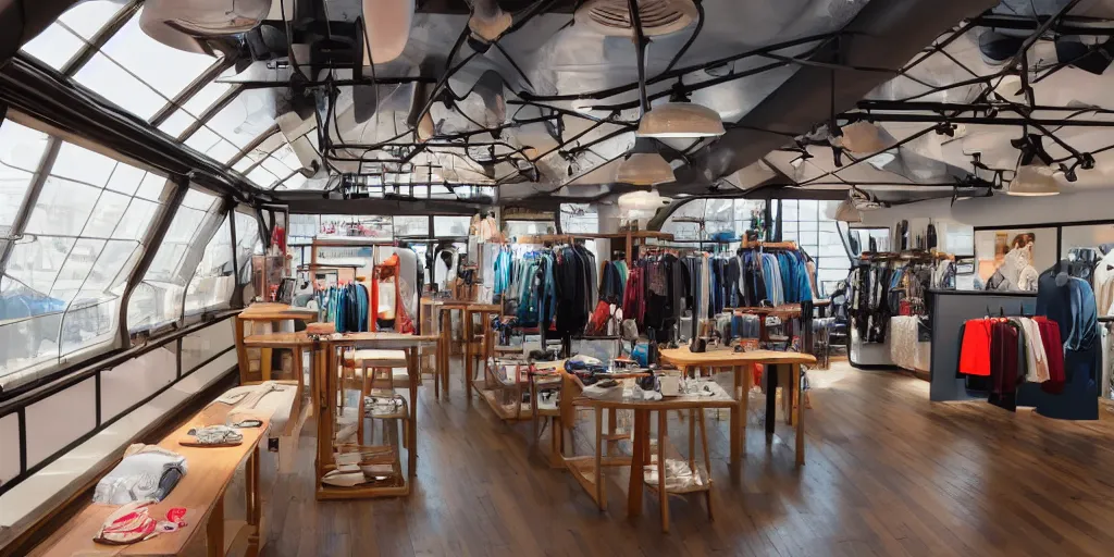 Image similar to New Balance Pop Up store, interior of vintage ferry, bright windows, warm light shafts, cinematic lighting,