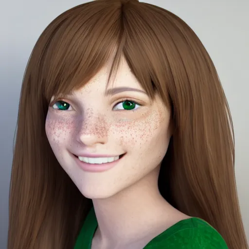 Image similar to Render of April, a cute 3D young woman, long shiny bronze brown hair, full round face, green eyes, medium skin tone, light cute freckles, light blush, smiling softly, wearing casual clothing, interior lighting, cozy living room background, medium shot, mid-shot, hyperdetailed, hyperreal, trending on Artstation, Unreal Engine, 4k