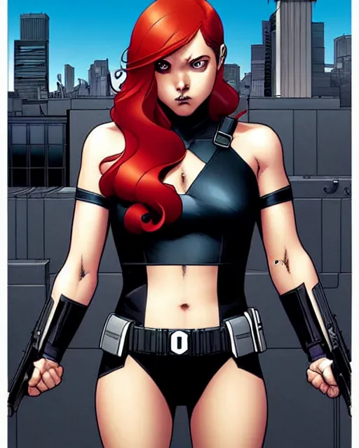 Image similar to phil noto comicbook cover art, artgerm, female domino marvel, symmetrical eyes, long red hair, full body, city rooftop