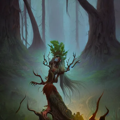 Image similar to detailed painting of menacing dryads in a redwood forest, in the style of peter mohrbacher, james jean, artgerm, dramatic lighting and composition, surreal background, octane render, pixar, trending on artstation, concept art, comic book, 8 k