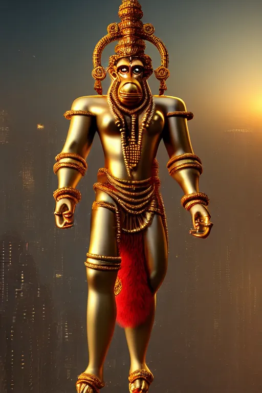 Image similar to high quality 3 d render neo - baroque cyborg hanuman! with gold nose piercings, cyberpunk highly detailed, mumbai in the background, unreal engine cinematic smooth, in the style of solaris, hannah yata charlie immer, moody light, low angle, uhd 8 k, sharp focus