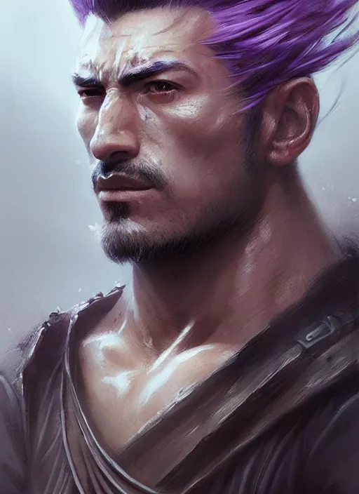Prompt: highly detailed face portrait of a handsome and muscular ronin, square masculine facial features, short messy hair, katana, surrounded by fog, art by greg rutkowski and artgerm and peter mohrbacher, centered, intricate, samurai, concept art, purple color palette, digital painting, trending on artstation, smooth, sharp focus, vibrant colors