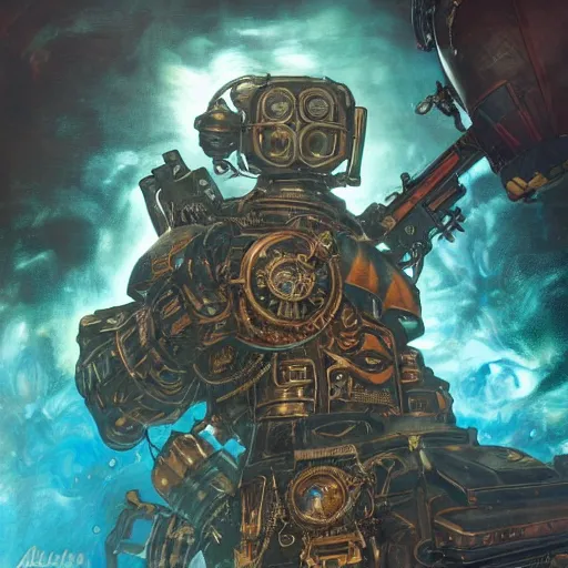 Image similar to steampunk sg-1 Teal’c vs Warhammer space marine, intricate, wild, highly detailed, digital painting, artstation, concept art, smooth, sharp focus, illustration, art by artgerm and greg rutkowski and alphonse mucha and Hajime Sorayama