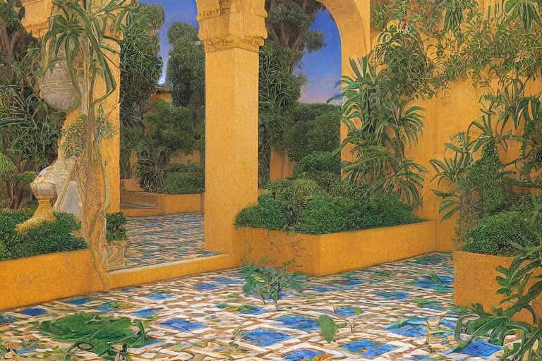 Image similar to painting of a beautiful moorish palace courtyard garden, by donato giancola and maxfield parrish and evelyn de morgan and rudolf ernst, patterned tilework, palm trees, tiled fountains, extremely detailed, cinematic lighting, smooth sharp focus