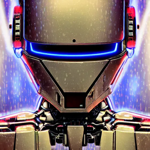 Prompt: Cybernetic Battledroid with White semi-transparent carbon shell, Robot head and body, glowing red and blue buttons and wires, wearing a wet transparent rain jacket, wet, intricate details, hyperrealism, reflections, cinematic lighting, volumetric rays by Alphonse Mucha and Moebius