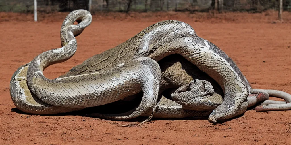 Prompt: reticulated python wresting a bull