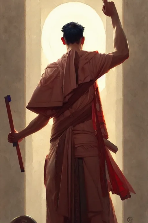 Image similar to male, temple, taoism, painting by greg rutkowski, j. c. leyendecker, artgerm