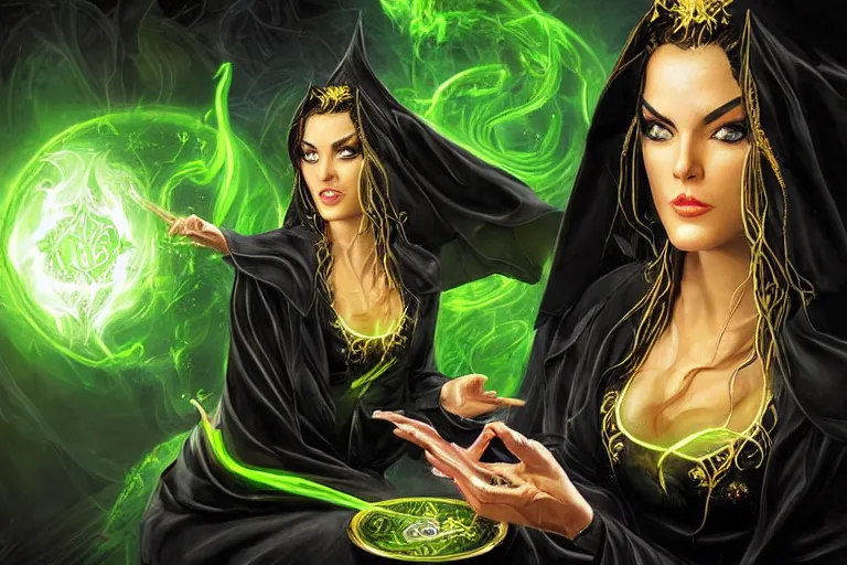 Prompt: a beautiful sorceress wearing a black robe with gold embroidery, sitting at table, casting a spell, green glows, painted by artgerm and joe jusko, in the style of magic the gathering, highly detailed digital art