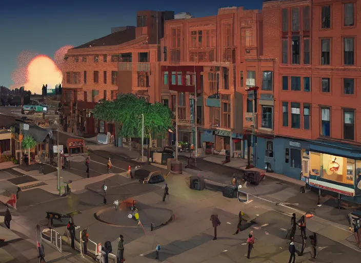 Prompt: crowd of working citizens carrying daily routines on the backdrop of missiles hitting residential buildings, DSLR 35mm, by Edward Hopper and Dan Mumford, Unreal Engine 5, Lumen, Nanite