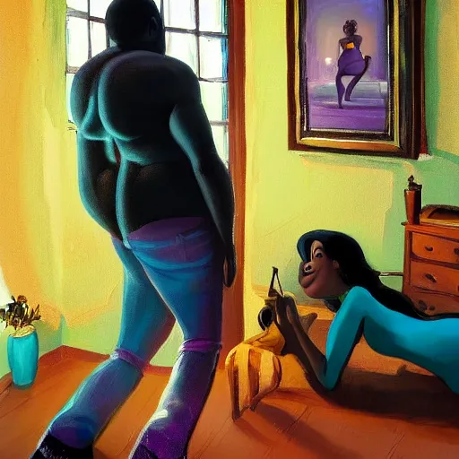 Image similar to stunning, coherent, beautiful painting, still of a giant man following a beautiful black bbw woman into her bedroom , she is taking a selfie of the creepy man is following her, 3d, in the style of pixar, comic book style, 3d, highly detailed, highly detailed, sharp focus, bokeh, depth of field, 16k resolution, Unreal Engine 5, coherent, cinematic lighting, photorealistic, by Zhang Jingna