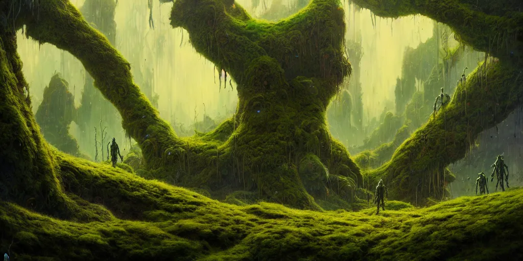 Prompt: a mossy alien planet land scape by karol bak, james jean, tom bagshaw, rococo, sharp focus, trending on artstation, cinematic lighting, hyper realism, octane render, 8 k, hyper detailed, vivid, ultra detailed, highly detailed