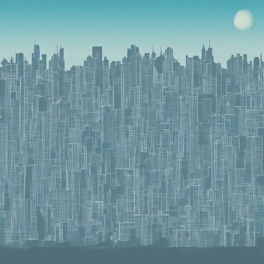 Prompt: ery clean material design poster with futuristic city on the horizon. buildings have reserford's atom on top