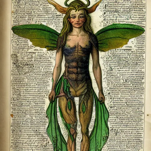 Image similar to page of an old anatomy book of fantastic creatures like leprechauns, fairies, dwarves and other, depicting the anatomy of a female magical fairy with golden green wings, long hair and elven features, old parchment