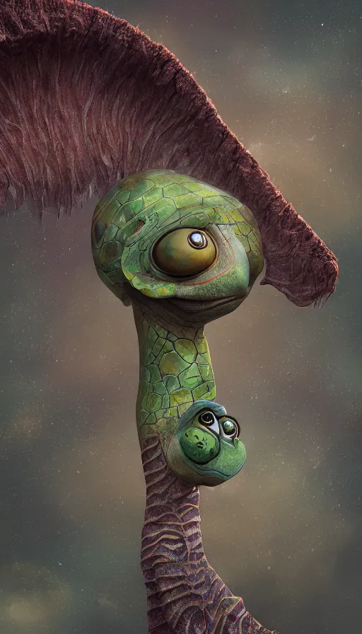 Image similar to a smartly dressed strange bird turtle giraffe chimp chimera creature with scales feathers fins on a lush fertile alien planet, in the style of shaun tan, sam shearon, dr seuss, leng jun, max ernst, surreal, close up, fantastic, wonderful, science fiction, dramatic studio lighting, atmospheric, national geographic, 3 d sculpture 8 k octane render