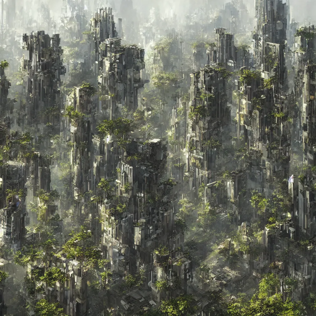 Image similar to A vertical city with multiple outdoor layers with varying amounts of vegetation with big windows and visible parks and mountains background, brutalist architecture, craig mullins style, solarpunk, concept art