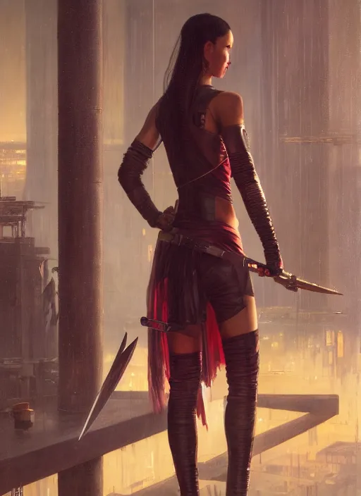 Prompt: Cyberpunk swordswoman in futuristic clothes (blade runner 2049, cyberpunk 2077). Orientalist portrait by john william waterhouse and James Gurney and Theodore Ralli and Nasreddine Dinet, oil on canvas. Cinematic, hyper realism, realistic proportions, dramatic lighting, high detail 4k