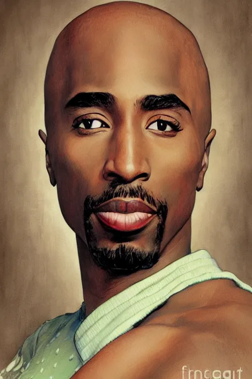 Image similar to Tupac, illustrated in whimsical style, Illustration by Norman Rockwell, artgerm, loish, oil painting,