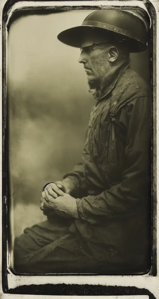 Image similar to a wet plate photograph, a portrait of a train engineer