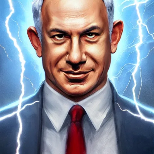 Prompt: portrait of benjamin netanyahu smirking while holding lightning bolts with his hands, by artgerm and greg rutkowski