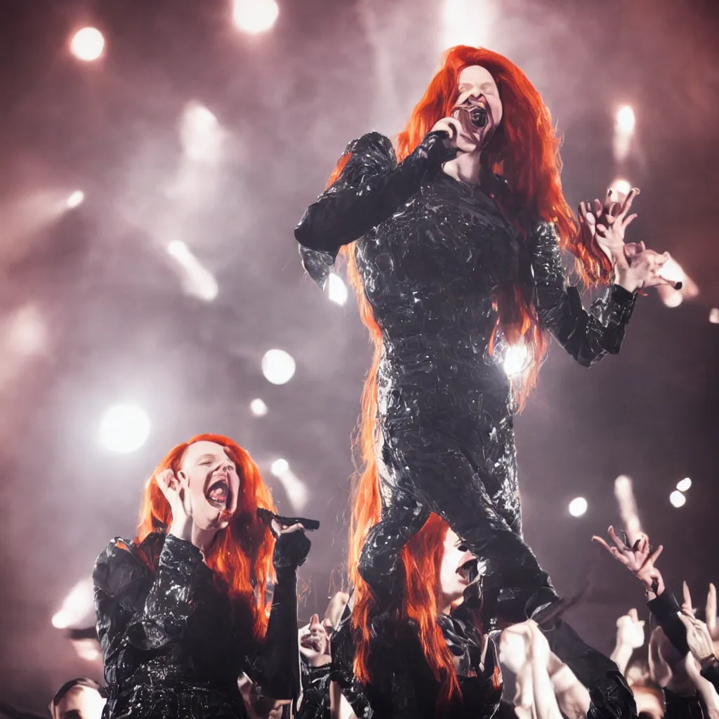 Prompt: simone simons singing on stage with epica