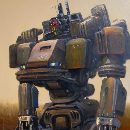 Prompt: A painting of a mech in the style of James Gurney, oil on canvas