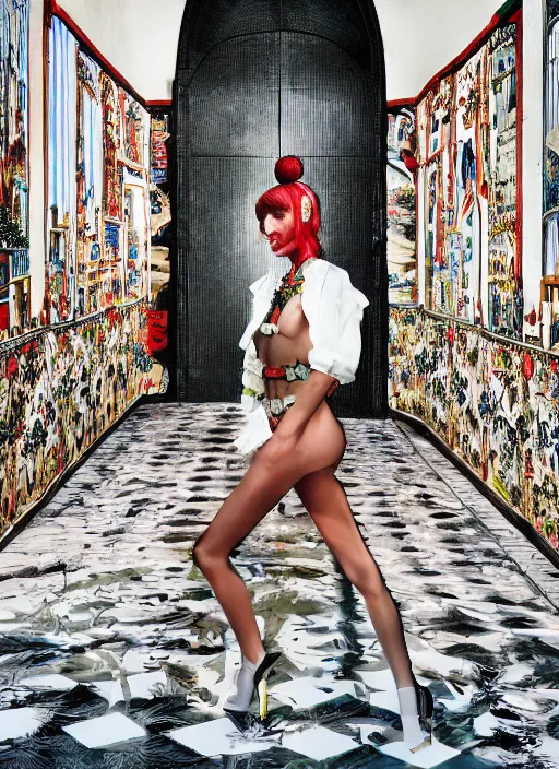 Image similar to a beautiful girl in a gucci x yeezy collab outfit is creating a new city, mini magic city, hidden doors, magical details, high detail, 8 k, perfect faces, photographed by maurizio cattelan and pierpaolo ferrari with the art direction of micol talso for toiletpaper creative magazine