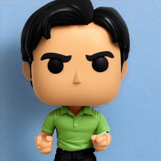 Image similar to a 30 year old skinny Peruvian programmer guy, clean shaven face, with thick straight brush up black hair on top, short on sides, in a dark green polo shirt, blue jeans and grey sneakers funko pop close up highly detailed photo