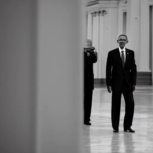 Prompt: Obama standing aside of Steven Armstrong, Videogame, 40nm lens, shallow depth of field, split lighting