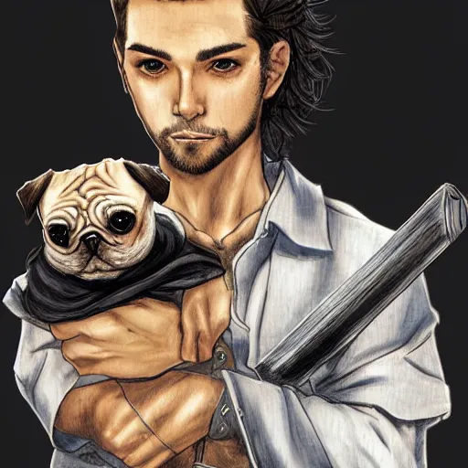 Image similar to self portrait, young white hispanic handsome man with short light brown hair and light skin and a 5 o clock shadow and holding a pug while fighting against 2 swordsmen pencil art, added detail, high definiton, colored, backfacing, illustrated by yoji shinkawa