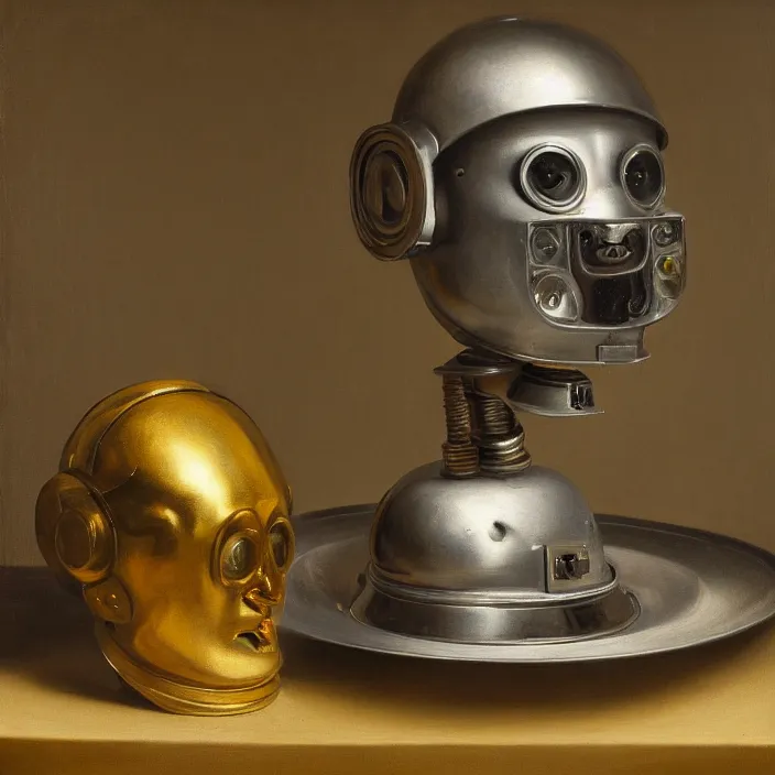 Prompt: still life painting of a robot head by pieter claesz, oil on canvas, strong lighting, highly detailed, hyper realism, golden hour, god rays, hd, 4 k